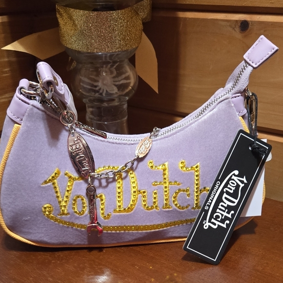 Von Dutch Handbags - Von Dutch Velvet Purple Rhinestone Shoulder Bag NWT